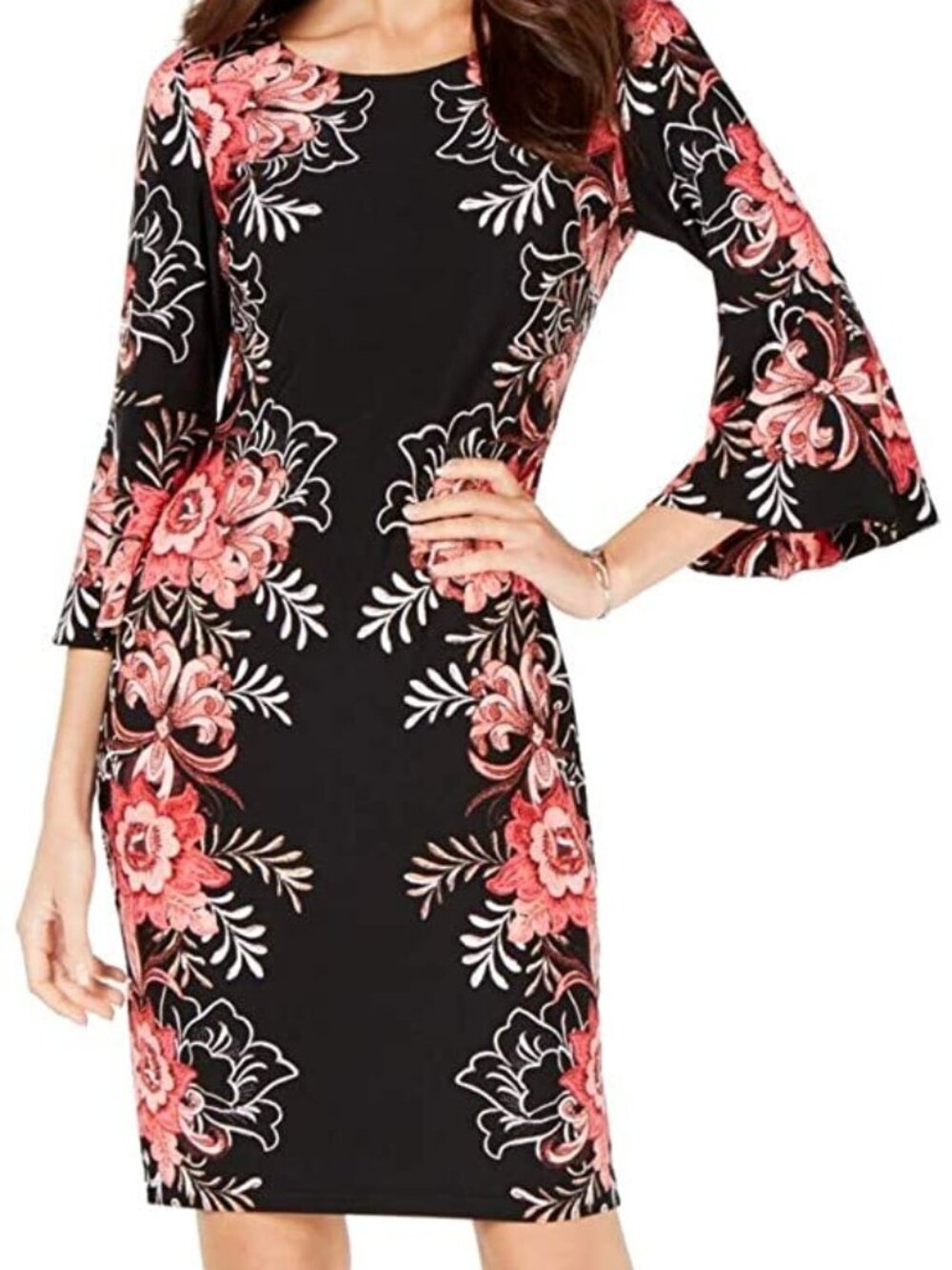 MSK Womens Petites Floral Bell Sleeves Cocktail Dress